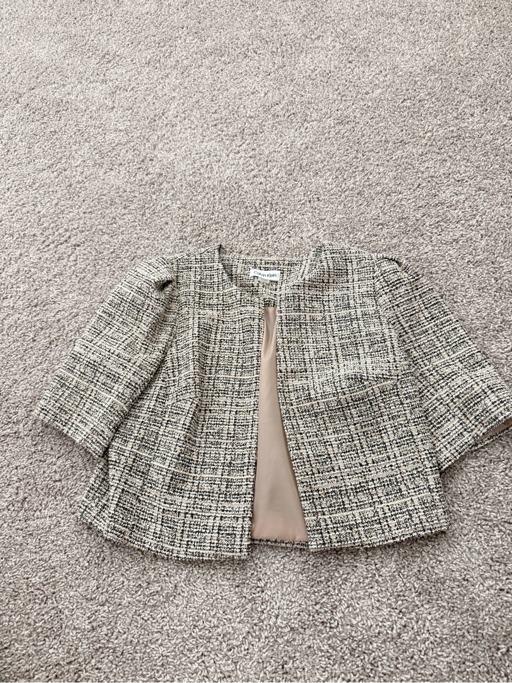 Calvin Klein Tweed Collarless Jacket in Cream and Black